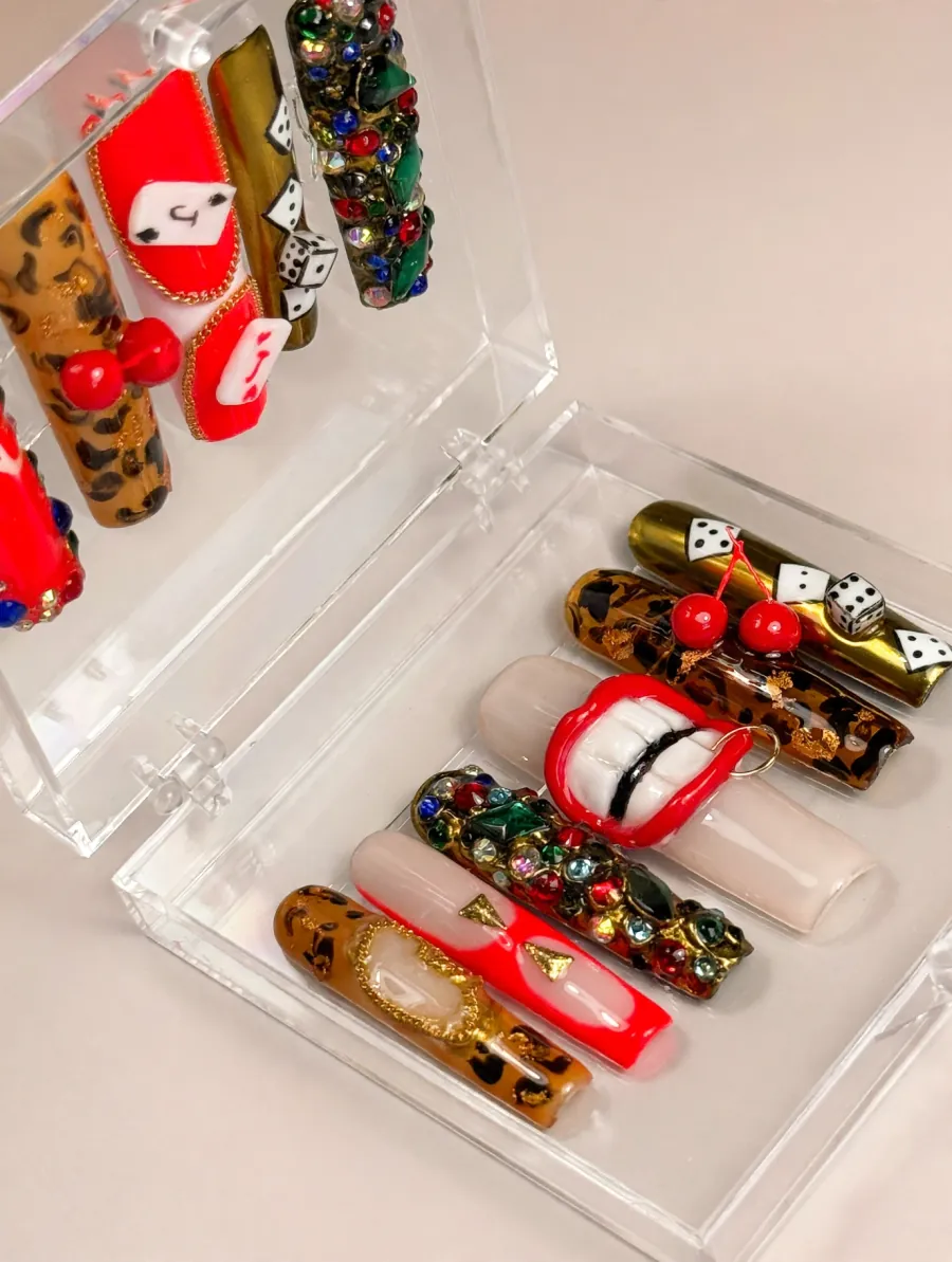Custom press-on couture set — casino and leopard theme, boxed